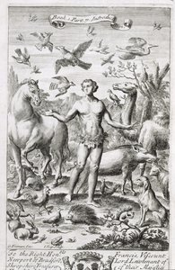 Adão no paraíso com os animais, ilustração para a introdução do livro 1 parte 7 de &39;os princípios da filosofia&39; por Anthony Le Grand, gravado por Johannes Kip (165253-1722), 1694